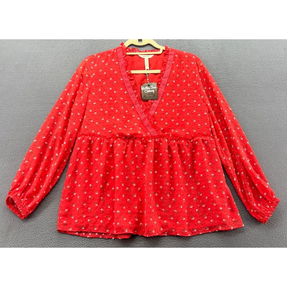 Matilda Jane Blouse Women's Small Red Strawberry Clip Dot Ruffle Peplum NWT